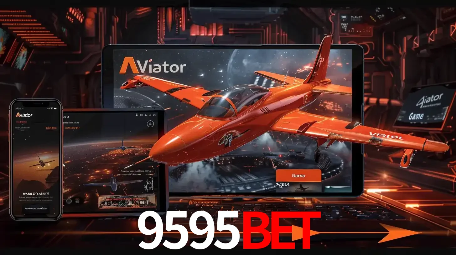 Apresentação tecnológica do jogo Aviator com um avião saindo da tela de um tablet, demonstrando a experiência imersiva em múltiplos dispositivos no 9595bet.