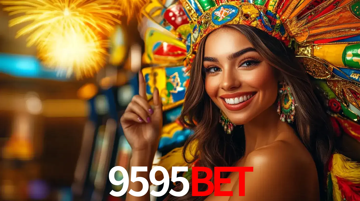 Mulher sorridente com um cocar de carnaval vibrante e colorido, celebrando uma grande vitória nos jogos do cassino 9595bet com fogos de artifício ao fundo.