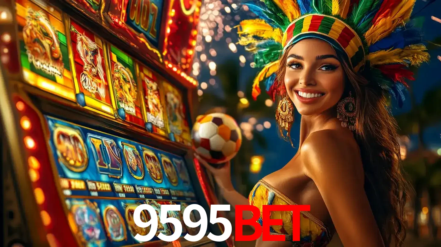 Mulher com um cocar de carnaval ao lado de uma máquina de caça-níqueis enquanto segura uma bola de futebol, mostrando a união da diversão de cassino e esportes no 9595bet.