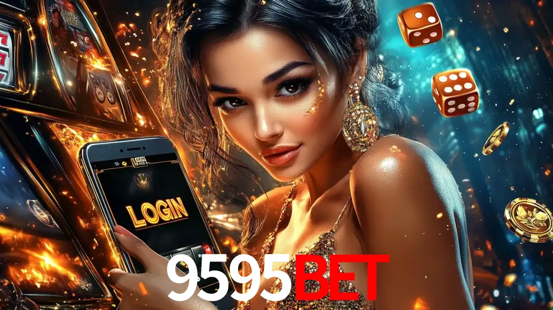 Mulher glamourosa segurando um celular com a tela de login do cassino 9595bet, rodeada por dados e moedas douradas, pronta para começar a diversão.