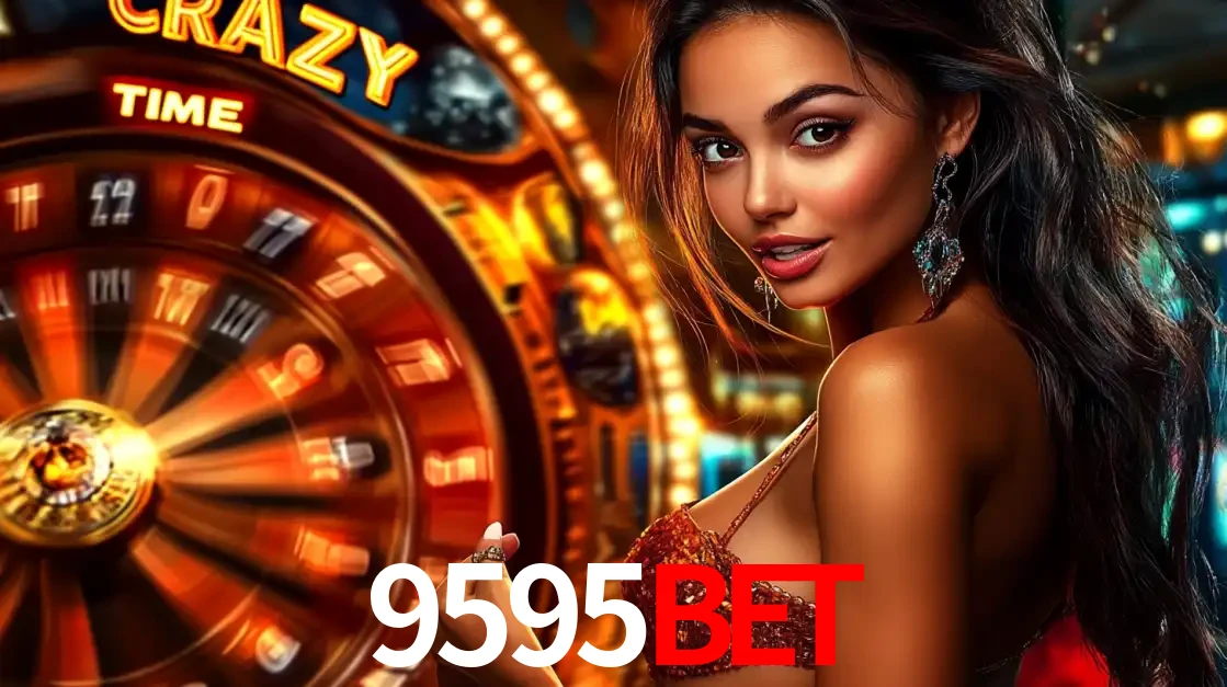 Mulher ao lado da roda de prêmios do jogo de cassino ao vivo Crazy Time, um dos shows de jogos mais emocionantes oferecidos pela plataforma de apostas 9595bet.