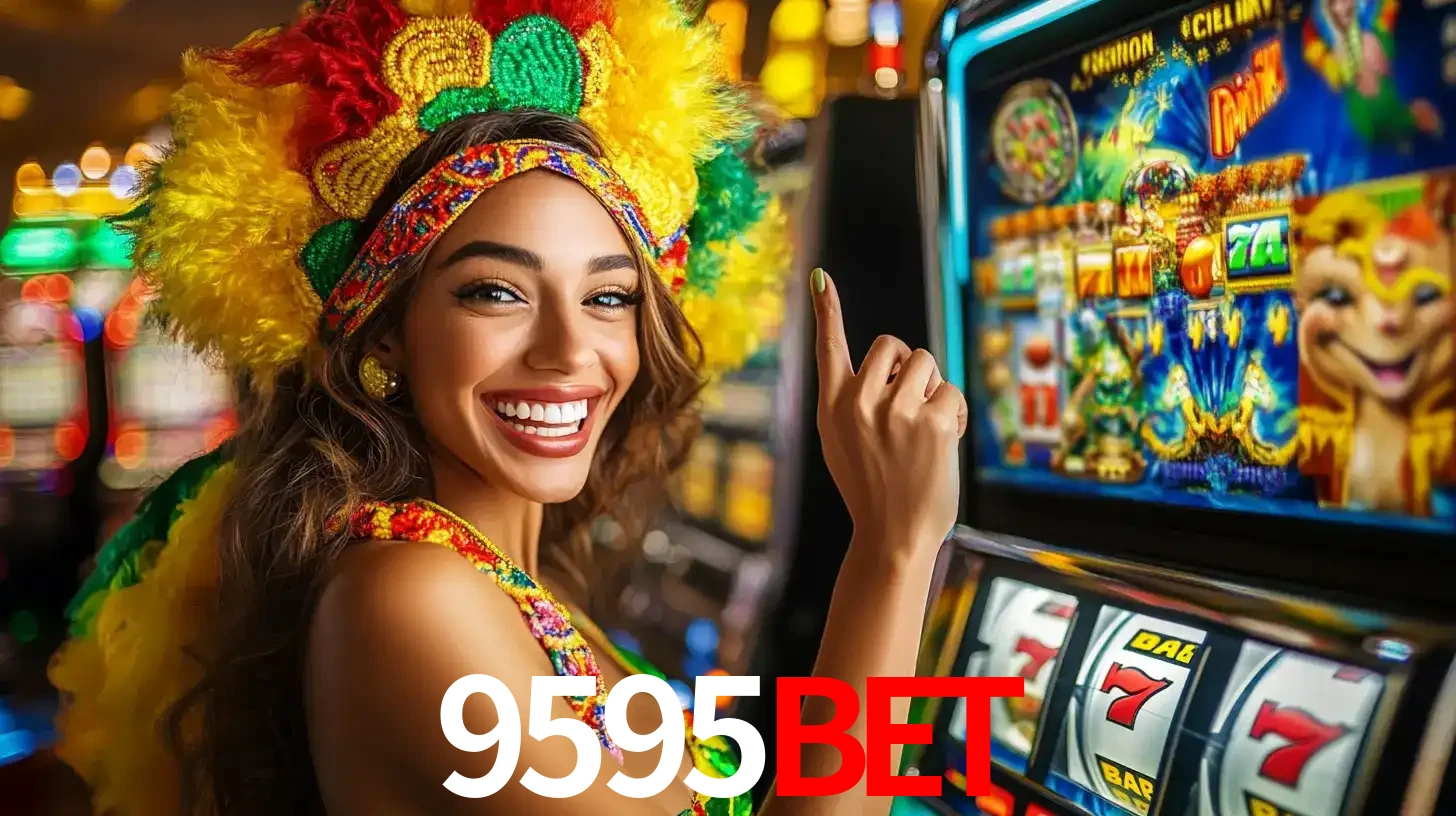 Mulher animada com um cocar de carnaval apontando para uma máquina de caça-níqueis, mostrando a emoção de ganhar um grande prêmio nos jogos do 9595bet.