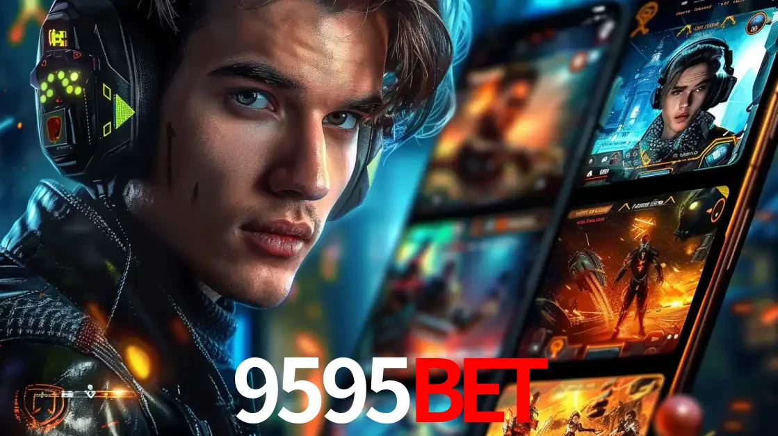 Jovem jogador com fones de ouvido olhando para a câmera, com um aplicativo de jogos e e-sports para celular ao fundo, pronto para a competição e apostas no 9595bet.