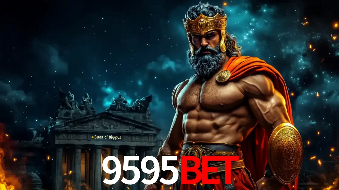O poderoso Zeus do jogo de slot Gates of Olympus em frente ao seu templo, pronto para lançar multiplicadores divinos e prêmios épicos no cassino online 9595bet.