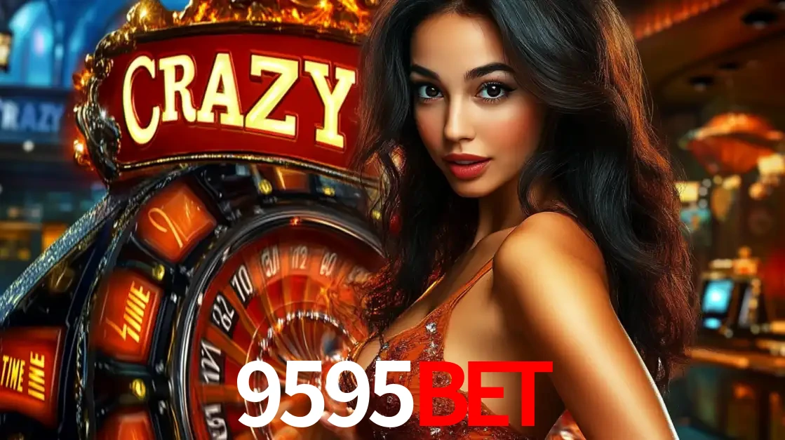 Mulher glamourosa olhando para a câmera com a roda vermelha do Crazy Time ao fundo em um ambiente de cassino, destacando a emoção dos jogos ao vivo no 9595bet.
