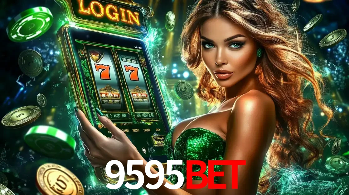 Mulher com tema verde apresentando o aplicativo do cassino 9595bet com um jogo de slot de 777, cercada por fichas de cassino e uma aura de sorte.
