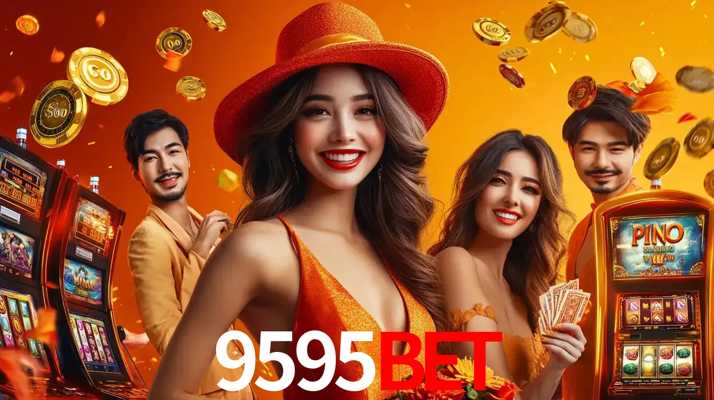 Grupo de amigos asiáticos sorrindo e se divertindo com máquinas de caça-níqueis em um ambiente festivo, celebrando suas vitórias nos jogos de cassino do 9595bet.