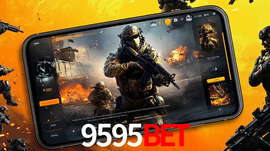 Um smartphone exibindo a interface de um jogo de tiro em primeira pessoa, com um soldado em um cenário de batalha, representando a ação dos e-sports para apostar no 9595bet.