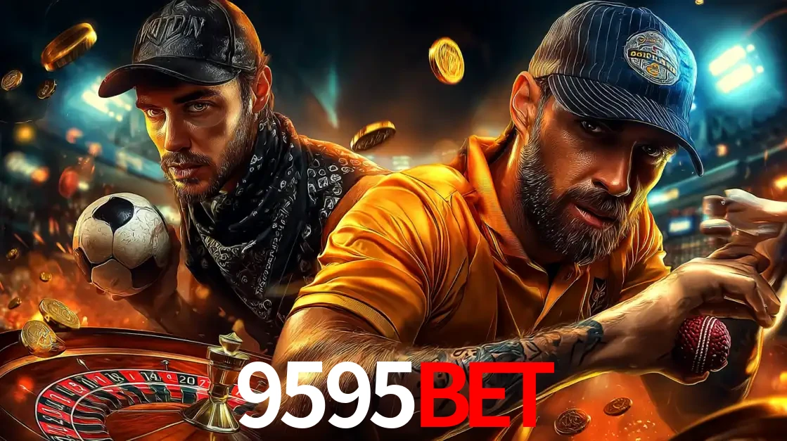 Montagem de apostas esportivas e cassino no 9595bet, com um homem segurando uma bola de futebol e outro uma de beisebol sobre uma roleta e moedas voadoras.