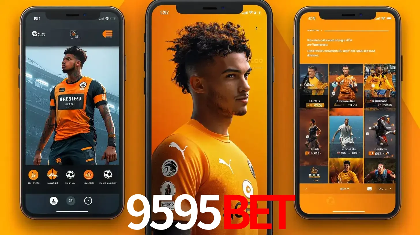 Interface do aplicativo de apostas esportivas 9595bet em três telas de celular, mostrando o perfil de um jogador de futebol e a lista de jogos disponíveis para apostar.