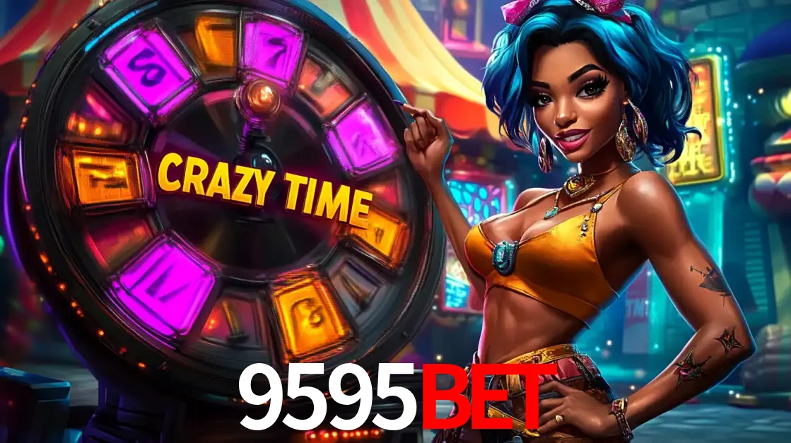 Mulher estilizada com cabelo azul e visual vibrante posando ao lado da roda de prêmios do game show Crazy Time, convidando para a diversão e os bônus do cassino 9595bet.