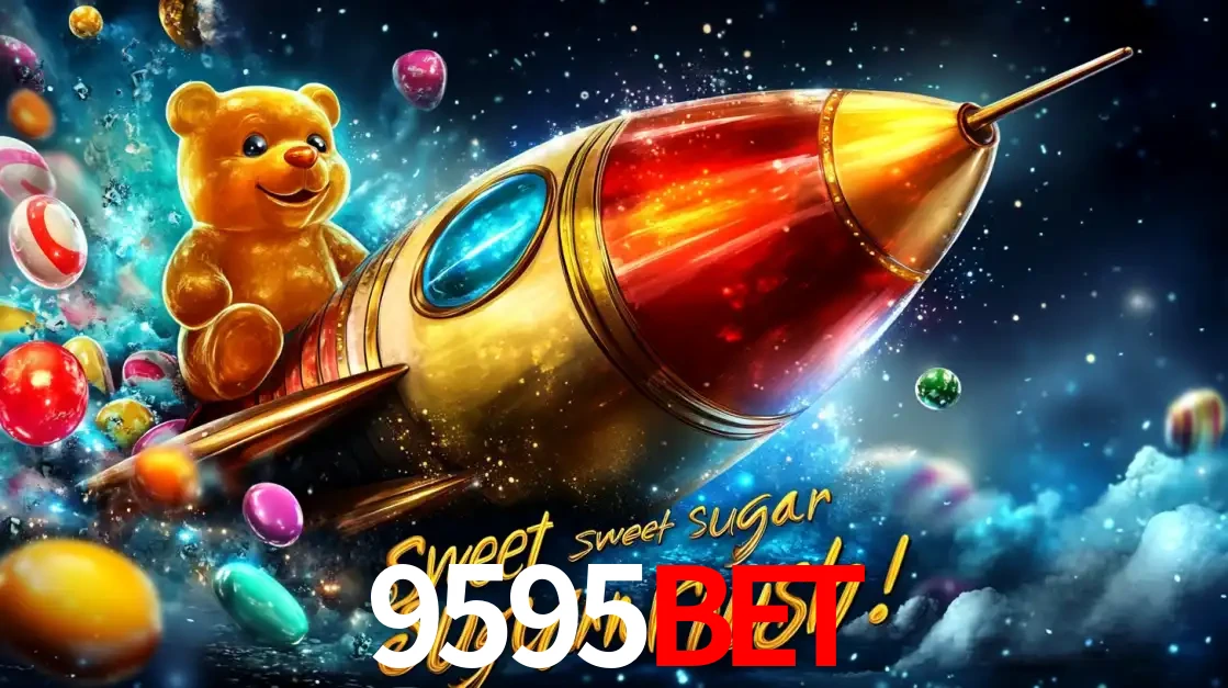 Arte promocional do jogo de slot Sugar Rush, com um urso de pelúcia em um foguete viajando pelo espaço de doces, um dos jogos divertidos disponíveis no cassino 9595bet.