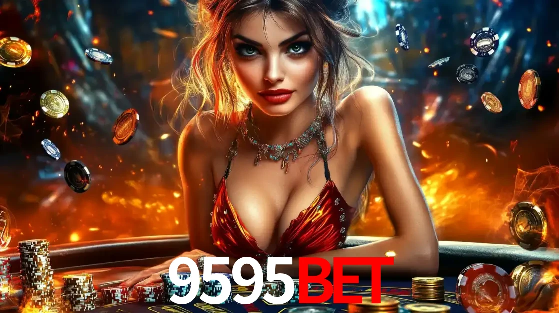 Mulher em uma mesa de cassino com pilhas de fichas e um fundo de fogo, pronta para uma rodada de altas apostas nos jogos de mesa emocionantes do cassino 9595bet.