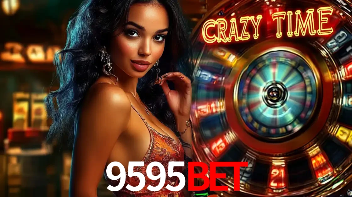 Mulher elegante ao lado da vibrante roda da fortuna do jogo de cassino ao vivo Crazy Time, um dos game shows mais populares e cheios de prêmios do 9595bet.