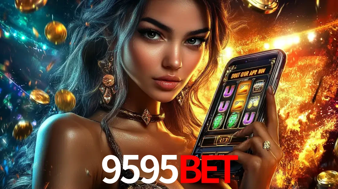 Mulher elegante mostrando um jogo de caça-níqueis em seu smartphone, destacando a experiência de cassino móvel oferecida pelo aplicativo 9595bet.