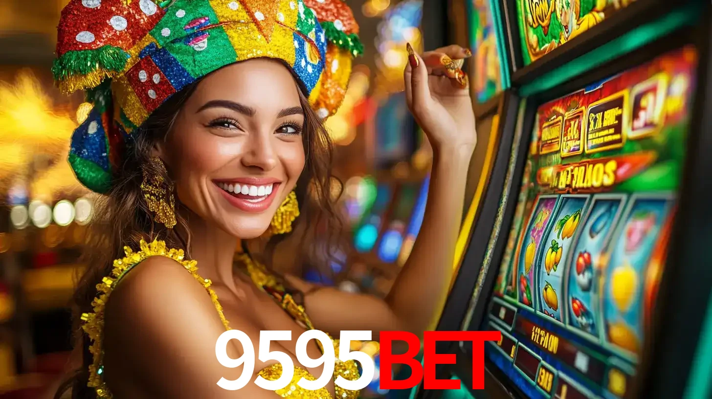 Mulher feliz com traje de carnaval amarelo e colorido ao lado de uma máquina de caça-níqueis, aproveitando a diversão e os jogos temáticos do cassino 9595bet.