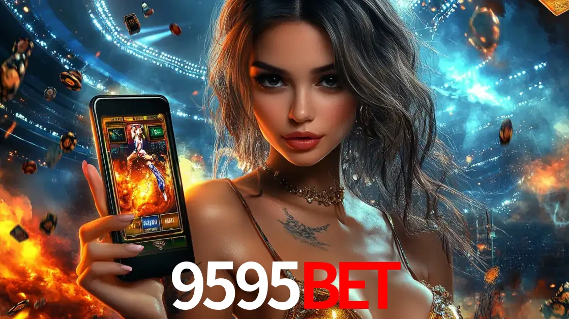 Mulher segurando um celular com um jogo de slot em destaque, tendo como fundo um estádio vibrante, simbolizando a emoção de jogar no cassino móvel 9595bet.