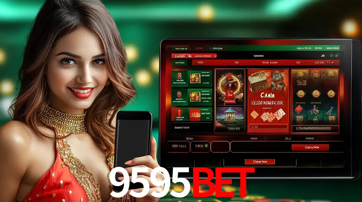 Mulher sorridente segurando um smartphone, ao lado de uma tela exibindo o lobby de jogos do cassino online 9595bet, com várias opções de jogos de cartas e slots.